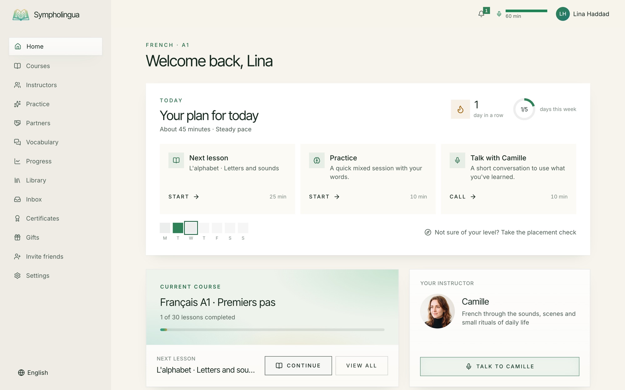Learner home with today's plan